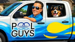 Jeff, owner of The Pool Guys, and Jaco the dog in the Pool Guys truck, San Antonio